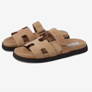 Tan Slide Sandals with Black Soles